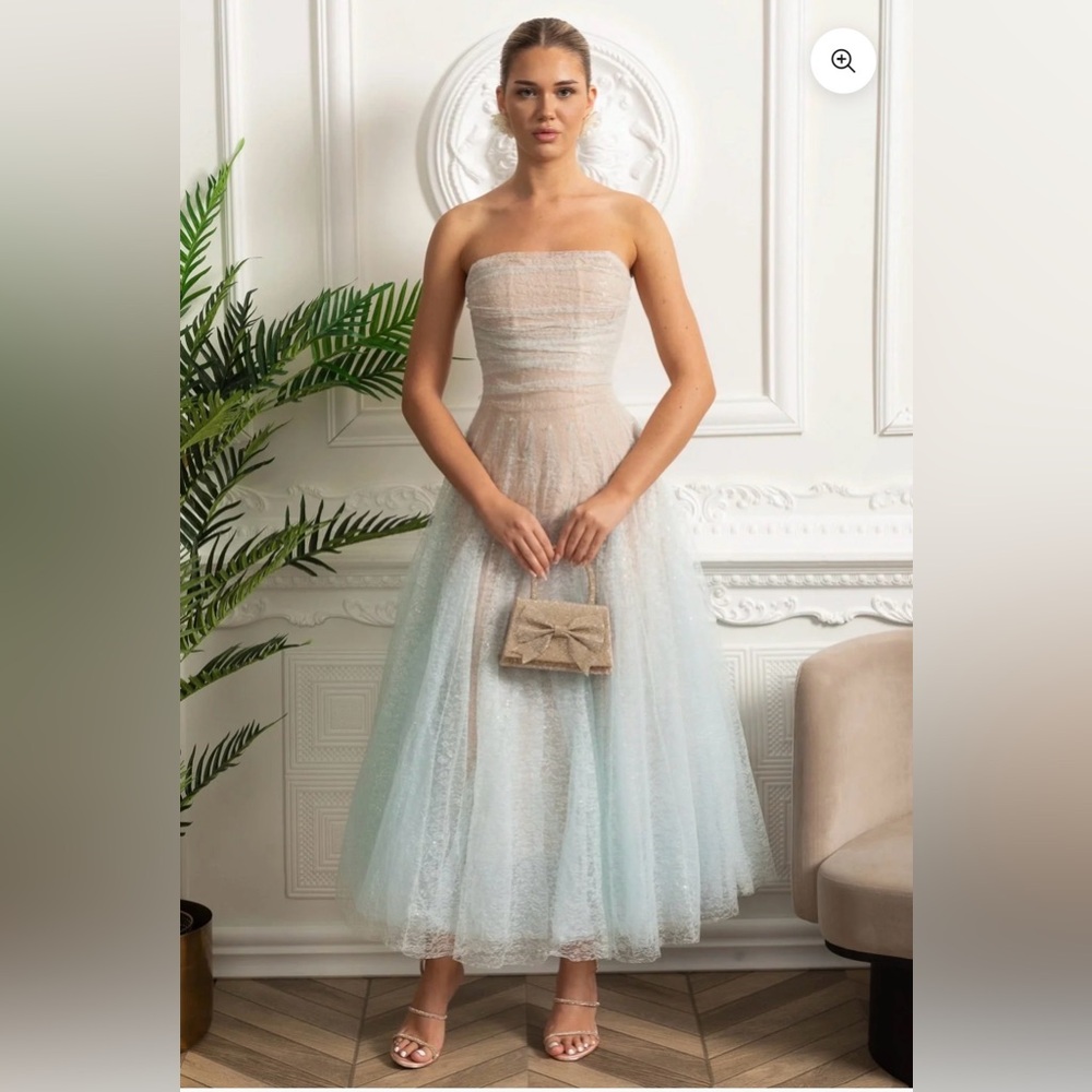 Strapless Ombre Tulle Midi Dress in Blush and Pale Blue